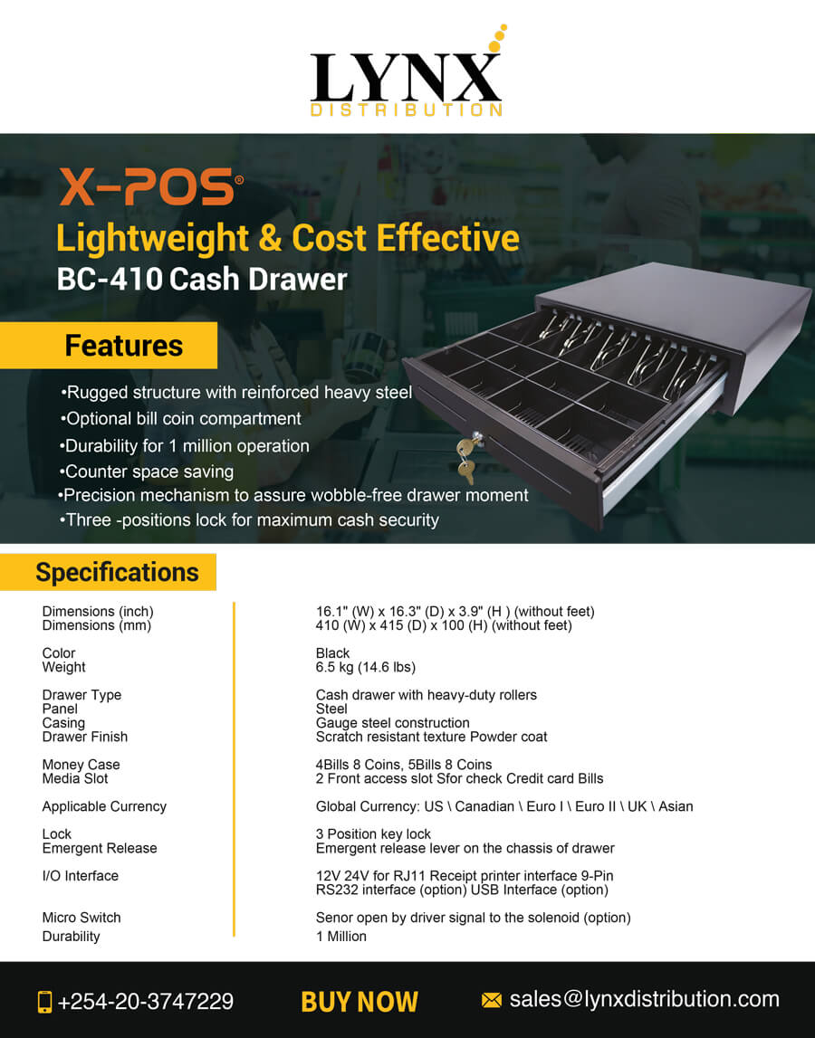 X-POS BC-410 Cash Drawer brochure with features and specifications