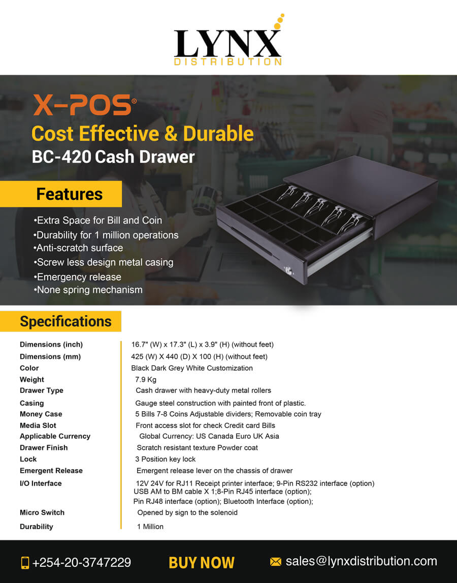 X-POS BC-420 Cash Drawer brochure with features and specifications